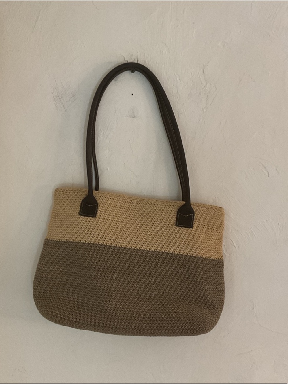 Frankie & Johnnie Two-Tone Crochet Shoulder Tote Bag Cream/Taupe